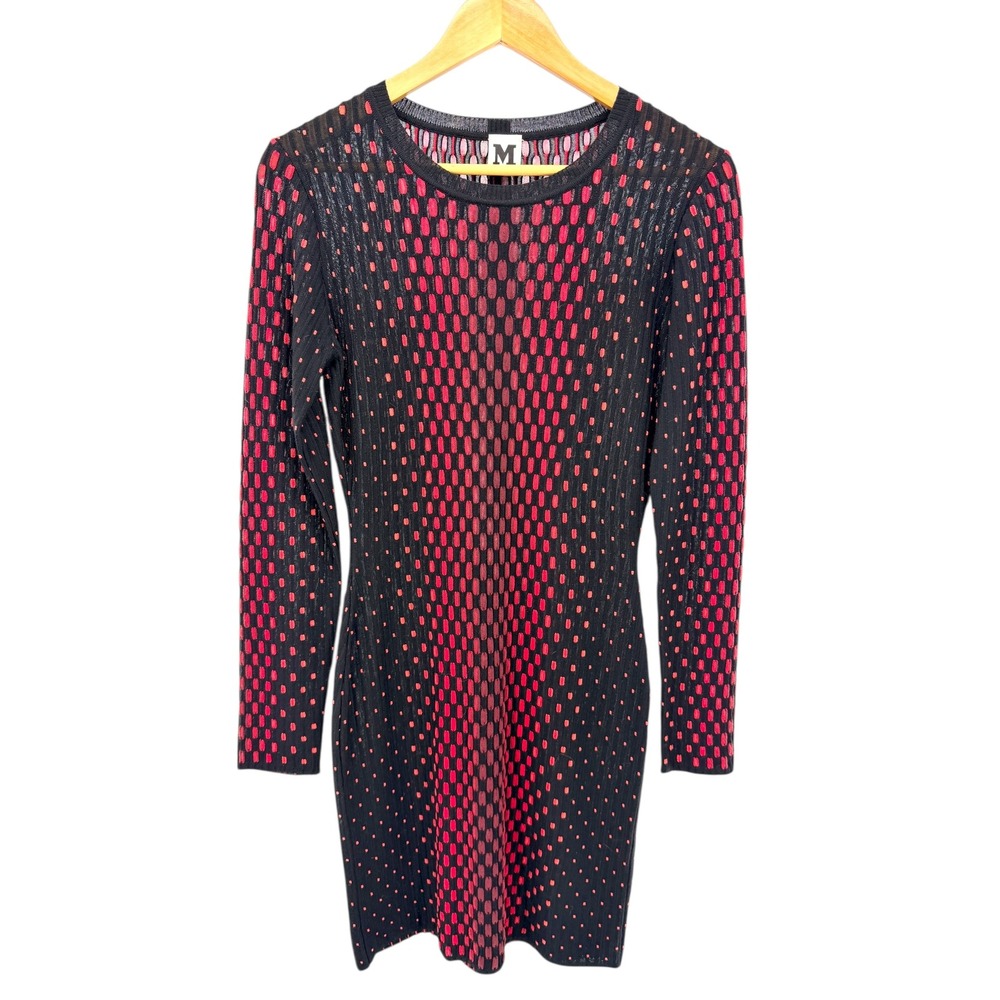 Missoni M Black Red Sheer Bodycon Midi Dress Long Sleeve Minimalist Art Knit